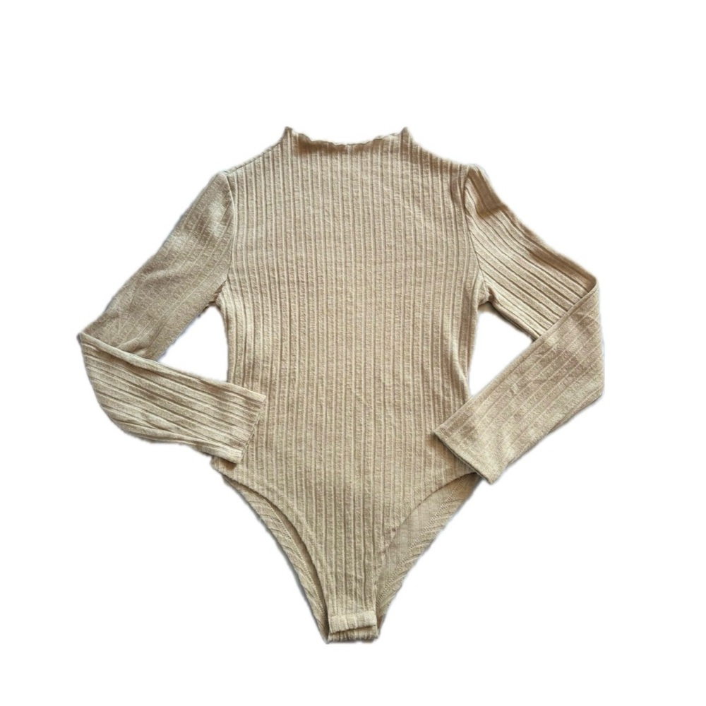 Women’s Tan Long Sleeve Ribbed Bodysuit Soft Knit Lettuce Trim High Neck
